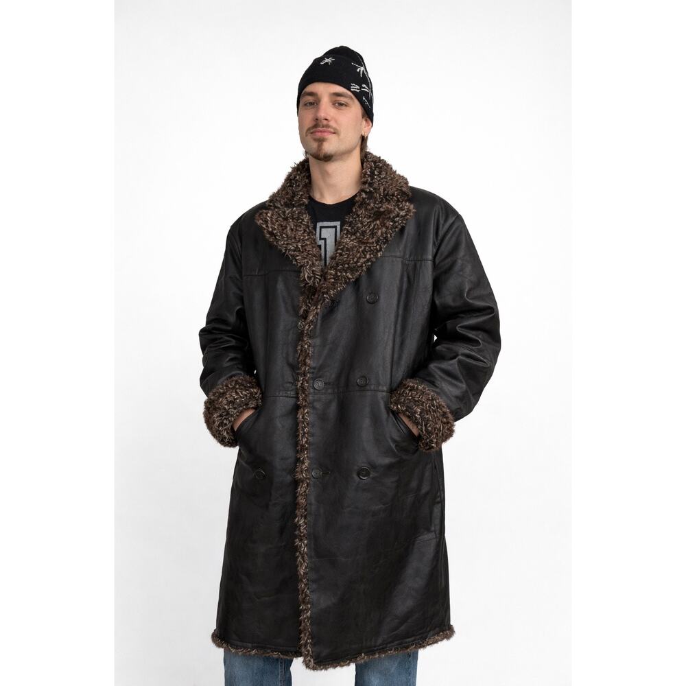 Vintage Morton & Rossi Black Leather Penny Lane Shaggy lining black coat size XL